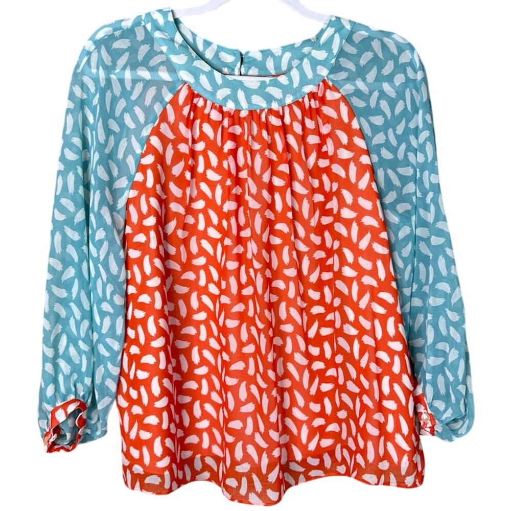 Boden Sylvie Sheer Lined Top Crop Sleeve Blood Orange Teal Brushstroke Size 8